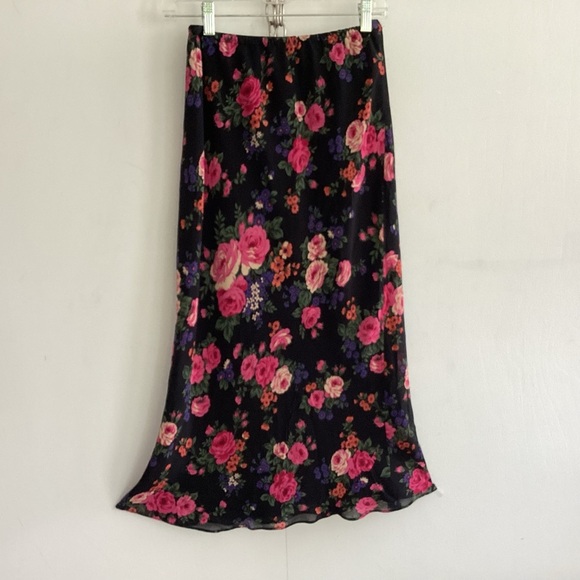90s y2k Fairycore Gauze Lined Flowy Rose Print black background midi maxiskirt S - Picture 9 of 12